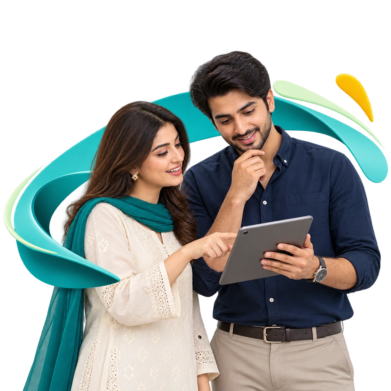 Pakistani creative colleagues discussing a tablet