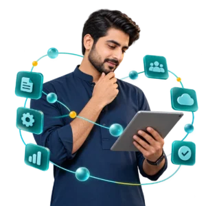 Digital consultant reviewing automation workflows on a tablet