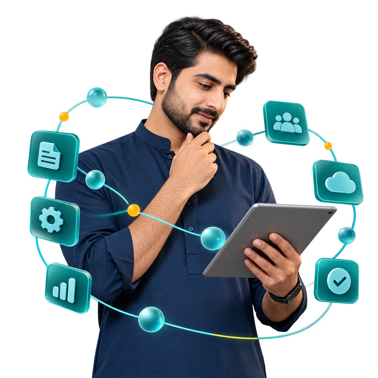 Digital consultant reviewing automation workflows on a tablet