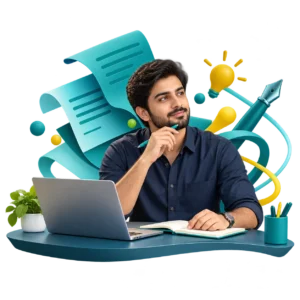 Pakistani writer planning content at a laptop