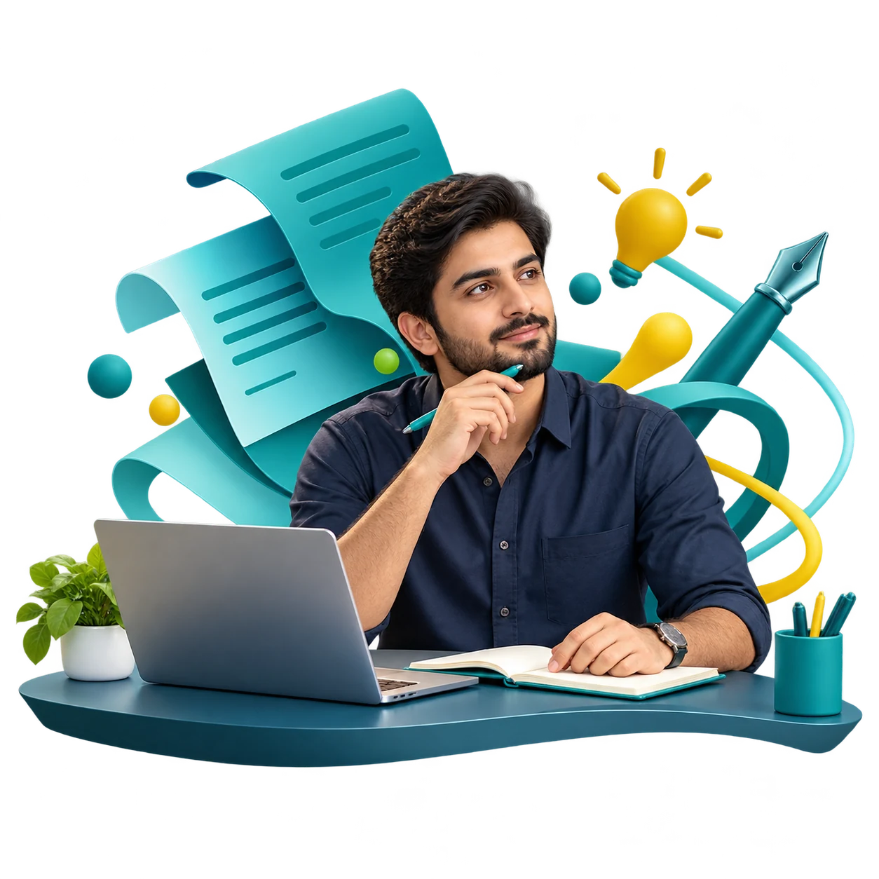Pakistani writer planning content at a laptop