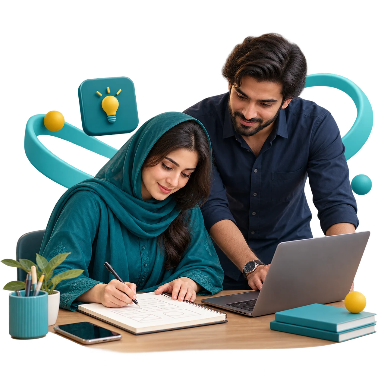Creative colleagues developing an idea with notebook and laptop