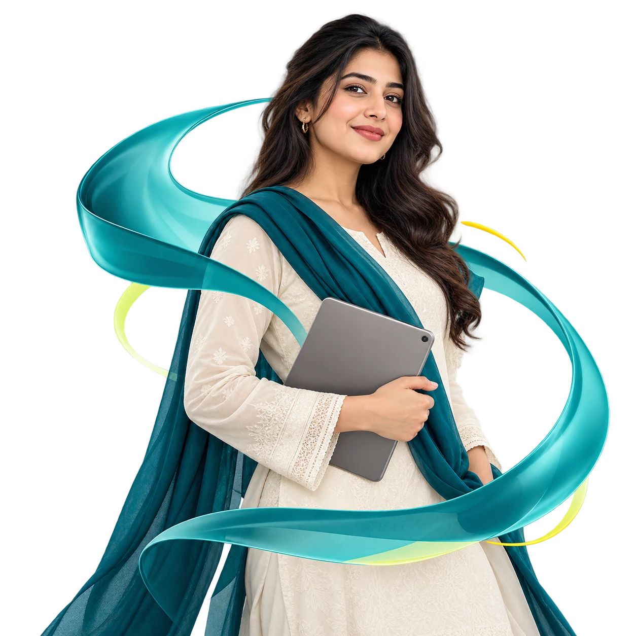 Pakistani digital strategist with a tablet and teal ribbon artwork