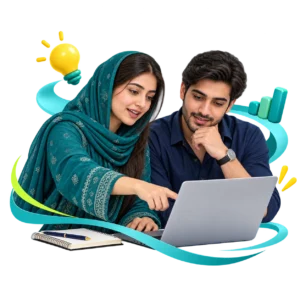 Young adults practising digital skills together