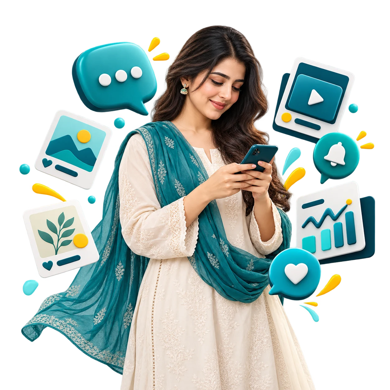 Pakistani content strategist planning posts on a smartphone