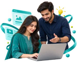 Learner and mentor practising digital skills on a laptop