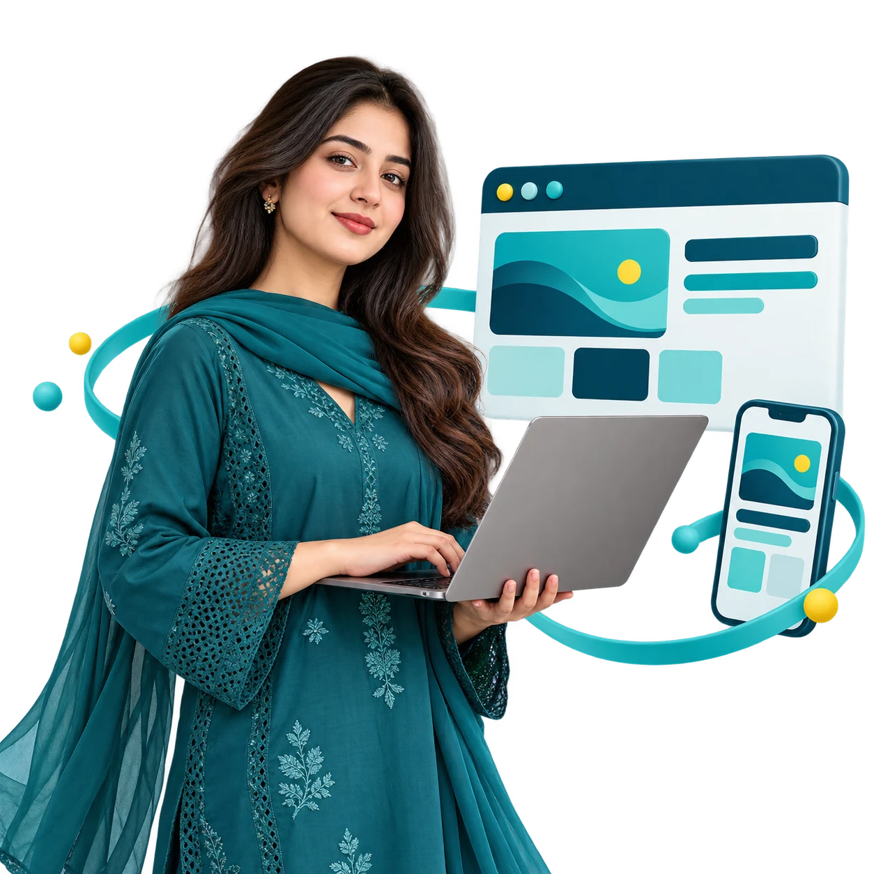 Pakistani web designer with laptop and responsive website graphics